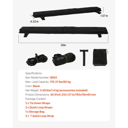 VEVOR 30" Soft Roof Rack Pads, Universal Car Roof Rack Pad for Various Crossbars, 176LBS Loading Luggage Kayak Carrier with 2 Tie Down Straps, 2