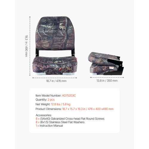 VEVOR Boat Seat, Low Backrest, Folding Fishing Boat Seat with Thickened Sponge Cushion & PU Polyester Fabric, Strong PP Frame, Flip Up Boat Seat,