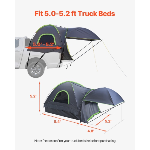 VEVOR 5.0-5.2 ft Pickup Truck Tent, Truck Tents for Camping, Waterproof PU2000 mm 2-3 Person Sleeping Truck Bed Tent, Sturdy Truck Bed Camper Shell