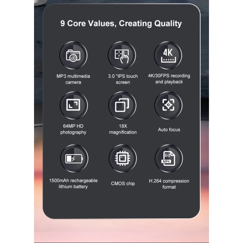Touch screen 4K digital micro single camera CCD video camera. Anti-shake digital camera with children's MP3 player - black