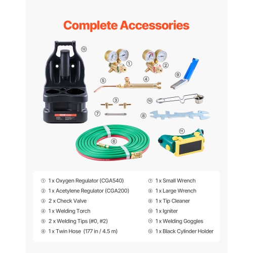 VEVOR 14PCS Oxygen Acetylene Gas Welding Torch Kit, Oxy Acetylene Brazing Set with 177'' Twin-Hose, 2 Welding Tips, Welding Torch, 2 Regulators,