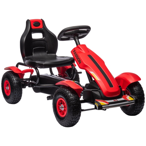 Aosom Pedal Go Kart for Kids, Pedal Car with Adjustable Bucket, Handbrake, 4 Rubber Wheels Powered Ride, Indoor Foot Racer, Aged 5-12 Years Old, Red