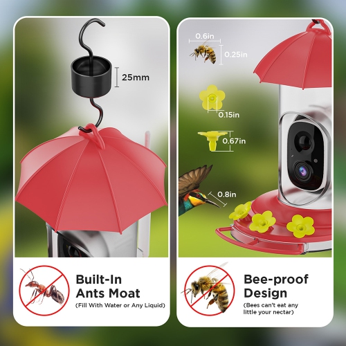 Water Feed For Birds,Smart Solar Powered Video Hummingbird Feeder, AI Bird Auto Capture Video, Ant Moat & Bee Proof, Gift for Bird Lovers