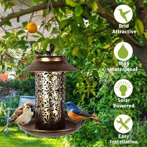 Mangeoire solaire pour oiseaux extérieurs suspendus, mangeoire pour oiseaux sauvages en métal pour lanterne solaire Cardinals comme cadeau pour les