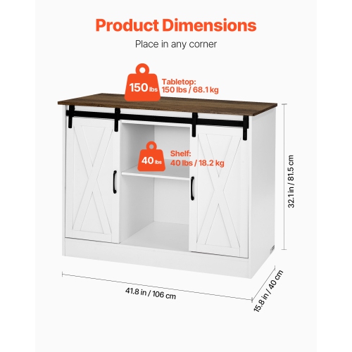 VEVOR 41.8 x 15.8 x 32.1 in Coffee Bar Cabinet, Farmhouse Coffee Bar Cabinet with 3-Tier Storage, Coffee Bar Table with Barn Doors, Farmhouse