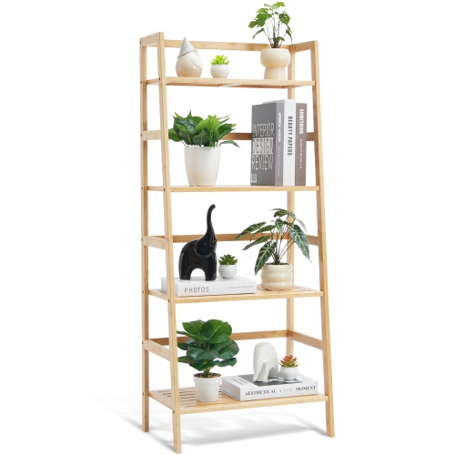 VEVOR  4-Tier Bamboo Ladder Shelf, Trapezoid Open Bookcase, Display Storage Rack Organizer, Freestanding Flower Plant Stand, Ladder Bookshelf Ideal