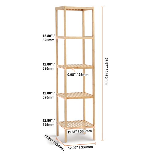 VEVOR 5-Tier Bathroom Standing Shelf, Narrow Shelving Unit,Display Storage Rack Organizer, Freestanding Flower Plant Stand, Multifunctional Bamboo