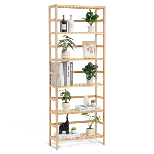 VEVOR 6-Tier Bamboo Shelf, Open Wood Bookshelf, Display Storage Rack Organizer, Freestanding Flower Plant Stand, Multifunctional Bamboo Bookshelf
