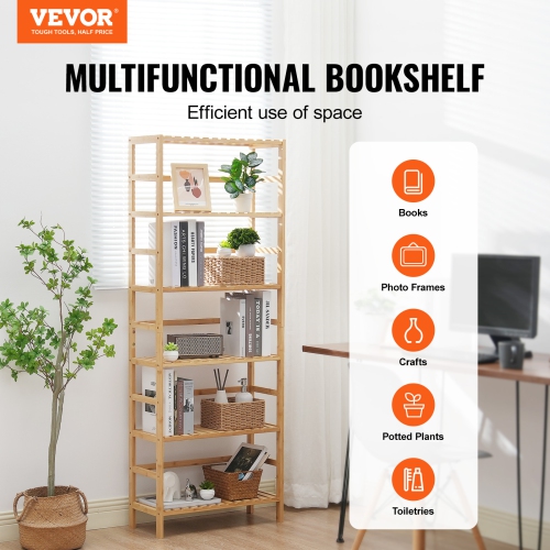 VEVOR 6-Tier Bamboo Shelf, Open Wood Bookshelf, Display Storage Rack Organizer, Freestanding Flower Plant Stand, Multifunctional Bamboo Bookshelf