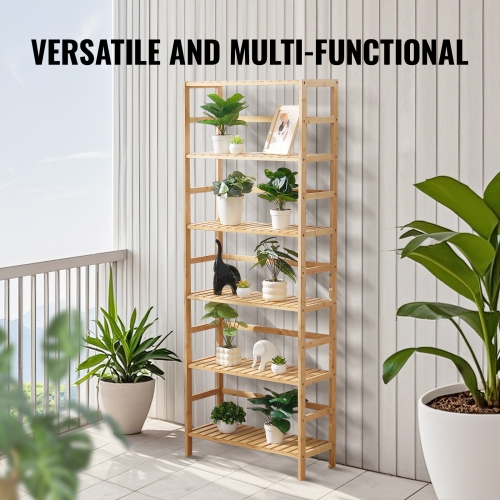 VEVOR 6-Tier Bamboo Shelf, Open Wood Bookshelf, Display Storage Rack Organizer, Freestanding Flower Plant Stand, Multifunctional Bamboo Bookshelf