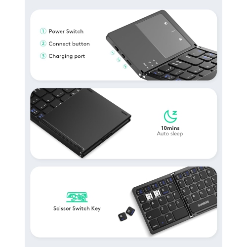 Foldable Bluetooth Keyboard with Touchpad – Portable Wireless Keyboard with Stand, Rechargeable Full Size Ultra-thin Pocket Folding Keypad