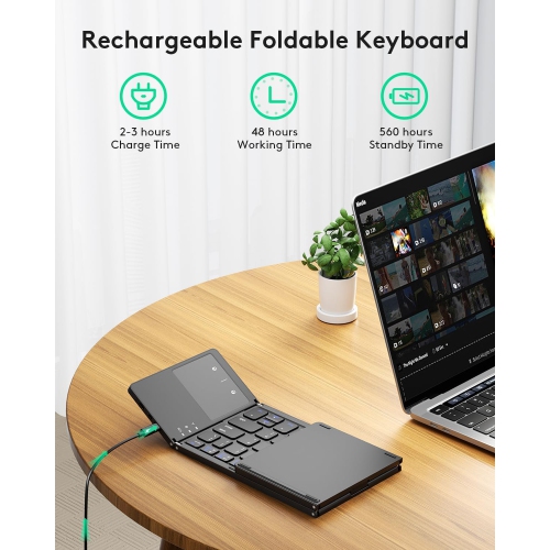 Foldable Bluetooth Keyboard with Touchpad – Portable Wireless Keyboard with Stand, Rechargeable Full Size Ultra-thin Pocket Folding Keypad