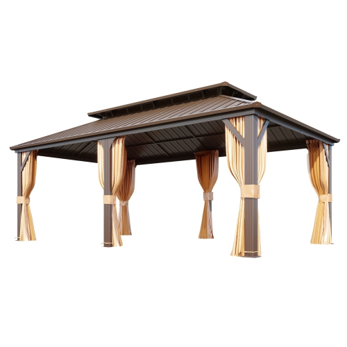 EROMMY 12' x 20' Hardtop Gazebo with Double Galvanized Steel Roof & Aluminum Frame - Outdoor Pergola with Premium Curtains & Netting, Brown