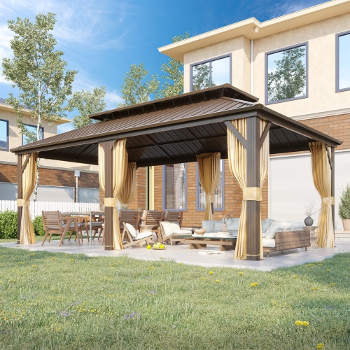 EROMMY 12' x 20' Hardtop Gazebo with Double Galvanized Steel Roof & Aluminum Frame - Outdoor Pergola with Premium Curtains & Netting, Brown