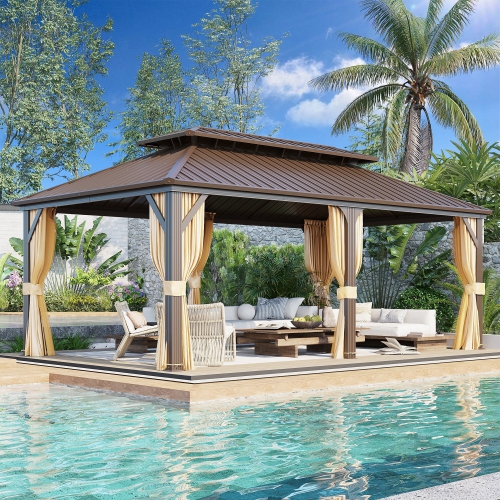 EROMMY 12' x 20' Hardtop Gazebo with Double Galvanized Steel Roof & Aluminum Frame - Outdoor Pergola with Premium Curtains & Netting, Brown