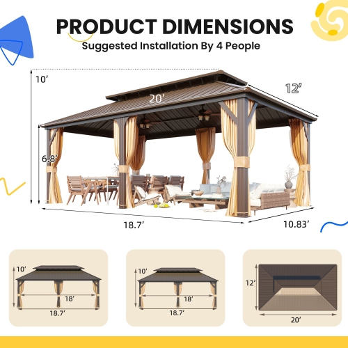 EROMMY 12' x 20' Hardtop Gazebo with Double Galvanized Steel Roof & Aluminum Frame - Outdoor Pergola with Premium Curtains & Netting, Brown