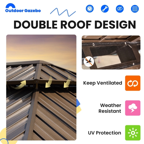 EROMMY 12' x 20' Hardtop Gazebo with Double Galvanized Steel Roof & Aluminum Frame - Outdoor Pergola with Premium Curtains & Netting, Brown