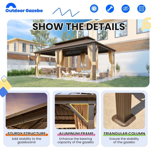 EROMMY 12' x 20' Hardtop Gazebo with Double Galvanized Steel Roof & Aluminum Frame - Outdoor Pergola with Premium Curtains & Netting, Brown