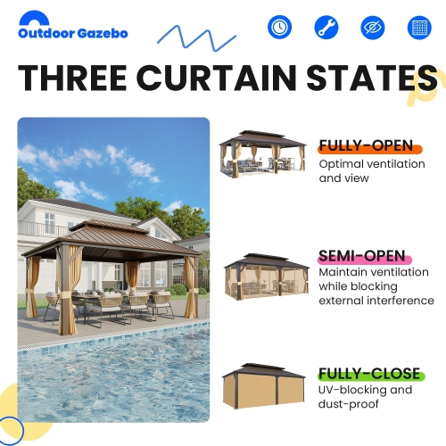 EROMMY 12' x 20' Hardtop Gazebo with Double Galvanized Steel Roof & Aluminum Frame - Outdoor Pergola with Premium Curtains & Netting, Brown