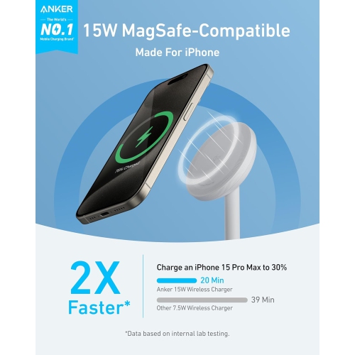 Anker MagGo iPhone 16 MagSafe-Compatible Wireless Charger Stand, 15W Fast Wireless Charging, Qi2 Certified, 360° Rotation for iPhone and AirPods - No