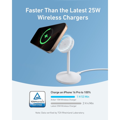Anker MagGo iPhone 16 MagSafe-Compatible Wireless Charger Stand, 15W Fast Wireless Charging, Qi2 Certified, 360° Rotation for iPhone and AirPods - No