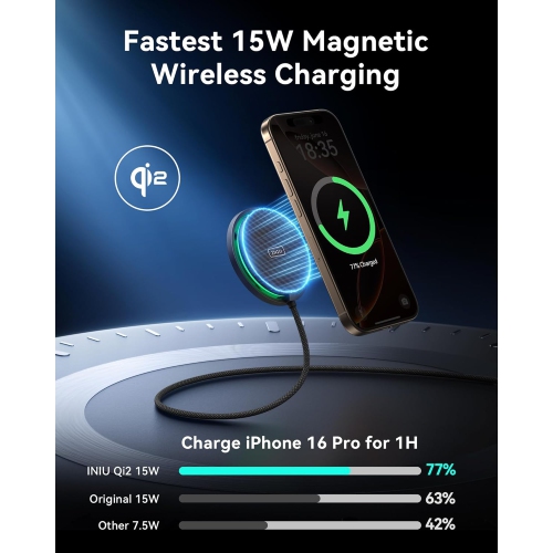 INIU Magnetic Wireless Charger - 15W Qi2 Certified MagSafe Charging Pad with Cooling Fan for iPhone 16/15/14/13/12 Series, AirPods 4/3/Pro2/Pro, with