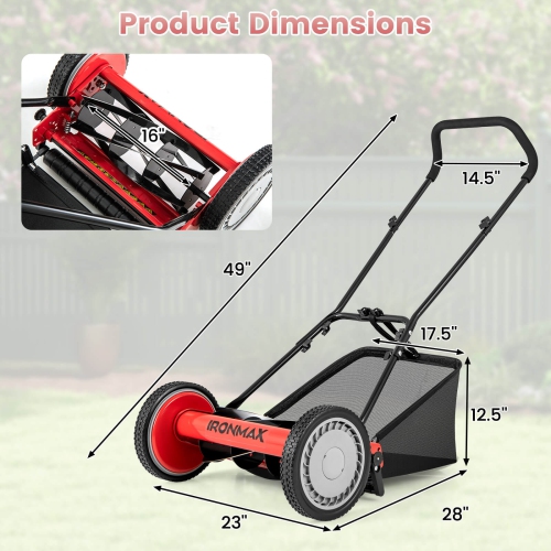 Ironmax 16" Push Lawn Mower with 5-Blade 6.9 Gallon Removable Grass Catcher for Garden Green/Red