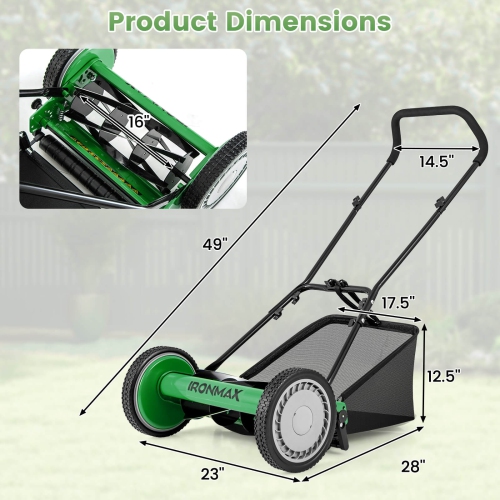 Ironmax 16" Push Lawn Mower with 5-Blade 6.9 Gallon Removable Grass Catcher for Garden Green/Red