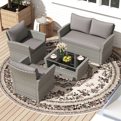 Costway 4 PCS Patio Furniture Set with 2 Rattan Chairs Loveseat Coffee Table Cushions Gray