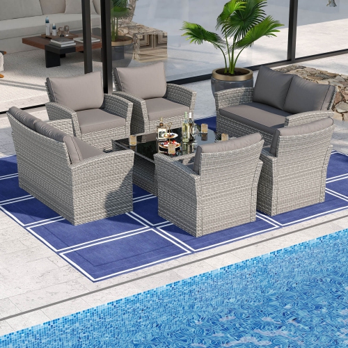 Costway 4 PCS Patio Furniture Set with 2 Rattan Chairs Loveseat Coffee Table Cushions Gray