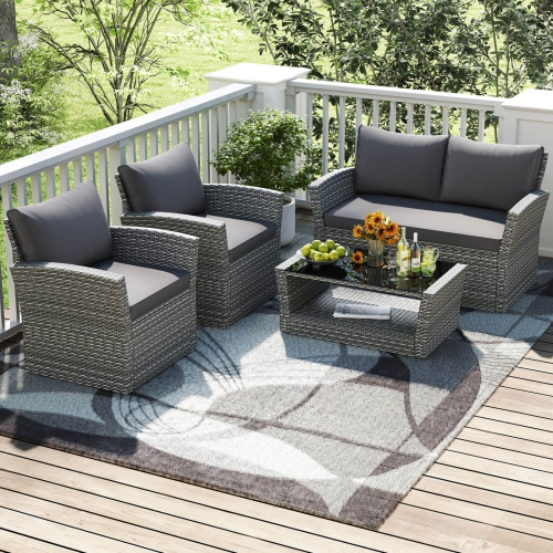 Costway 4 PCS Patio Furniture Set with 2 Rattan Chairs Loveseat Coffee Table Cushions Gray