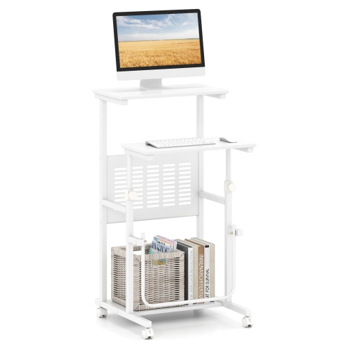 COSTWAY  Mobile Stand Up Desk Height Adjustable Computer Standing Desk With Wheels &footrest, Natural/white