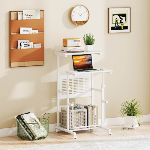 Costway Mobile Stand Up Desk Height Adjustable Computer Standing Desk with wheels &Footrest, Natural/White