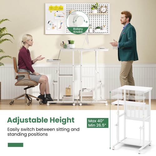 Costway Mobile Stand Up Desk Height Adjustable Computer Standing Desk with wheels &Footrest, Natural/White