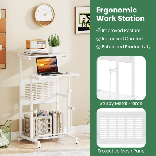 Costway Mobile Stand Up Desk Height Adjustable Computer Standing Desk with wheels &Footrest, Natural/White
