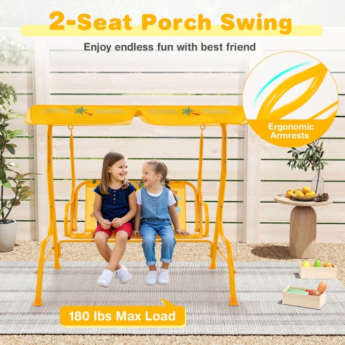Costway 2-Seater Toddler Porch Swing Chair with Metal Stand Adjustable Canopy Safety Belts Blue/Pink/Yellow