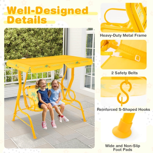 Costway 2-Seater Toddler Porch Swing Chair with Metal Stand Adjustable Canopy Safety Belts Blue/Pink/Yellow