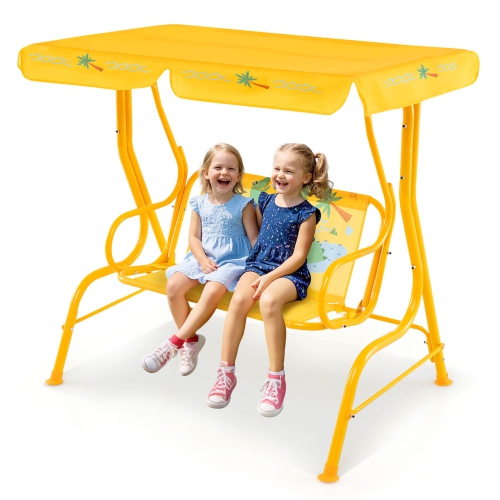 Costway 2-Seater Toddler Porch Swing Chair with Metal Stand Adjustable Canopy Safety Belts Blue/Pink/Yellow