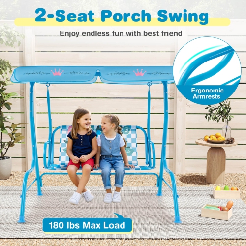 Costway 2-Seater Toddler Porch Swing Chair with Metal Stand Adjustable Canopy Safety Belts Blue/Pink/Yellow