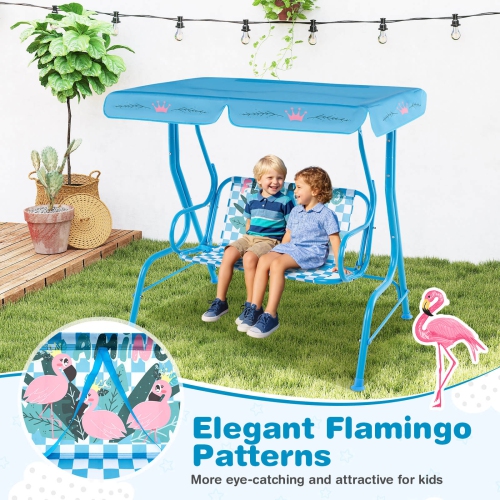 Costway 2-Seater Toddler Porch Swing Chair with Metal Stand Adjustable Canopy Safety Belts Blue/Pink/Yellow