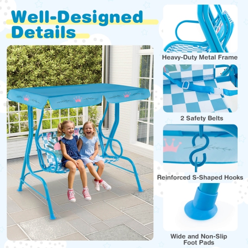 Costway 2-Seater Toddler Porch Swing Chair with Metal Stand Adjustable Canopy Safety Belts Blue/Pink/Yellow