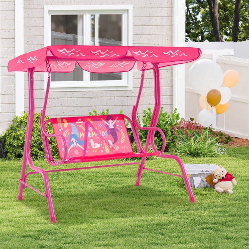 Costway 2-Seater Toddler Porch Swing Chair with Metal Stand Adjustable Canopy Safety Belts Blue/Pink/Yellow
