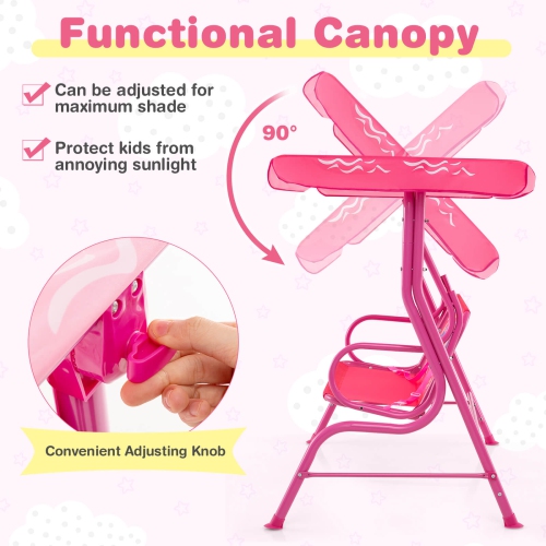 Costway 2-Seater Toddler Porch Swing Chair with Metal Stand Adjustable Canopy Safety Belts Blue/Pink/Yellow