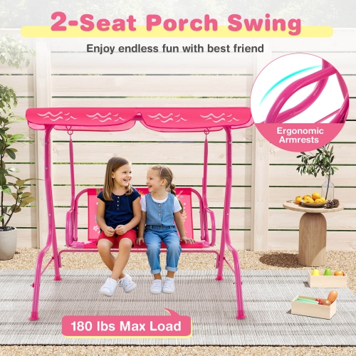 Costway 2-Seater Toddler Porch Swing Chair with Metal Stand Adjustable Canopy Safety Belts Blue/Pink/Yellow