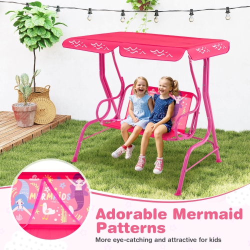 Costway 2-Seater Toddler Porch Swing Chair with Metal Stand Adjustable Canopy Safety Belts Blue/Pink/Yellow