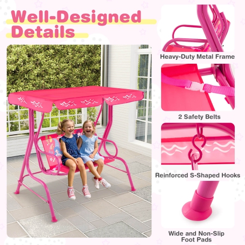 Costway 2-Seater Toddler Porch Swing Chair with Metal Stand Adjustable Canopy Safety Belts Blue/Pink/Yellow