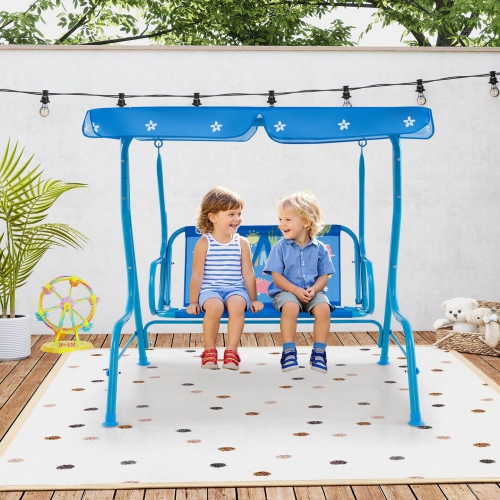 Costway 2-Seater Toddler Porch Swing Chair with Metal Stand Adjustable Canopy Safety Belts Blue/Pink/Yellow