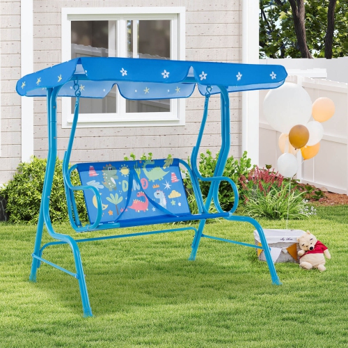 Costway 2-Seater Toddler Porch Swing Chair with Metal Stand Adjustable Canopy Safety Belts Blue/Pink/Yellow