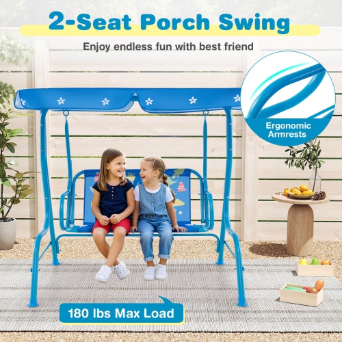 Costway 2-Seater Toddler Porch Swing Chair with Metal Stand Adjustable Canopy Safety Belts Blue/Pink/Yellow