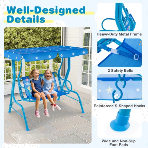 Costway 2-Seater Toddler Porch Swing Chair with Metal Stand Adjustable Canopy Safety Belts Blue/Pink/Yellow